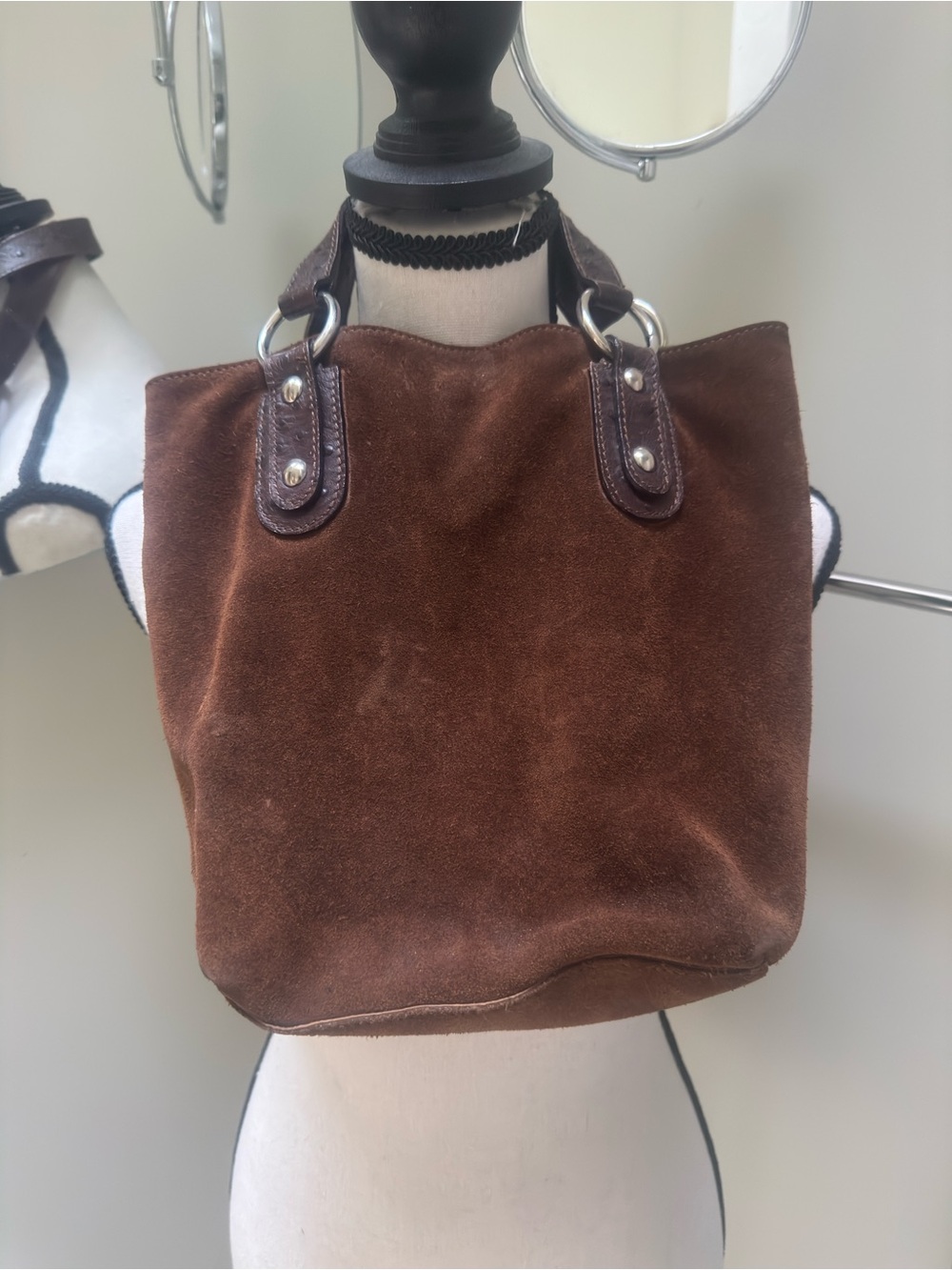 Maurizio Tatuti Italian Women’s Brown Suede Small Tote Bag with Leather Handles - Picture 3 of 6